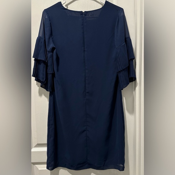 Sam Edleman V-Neck Navy Chiffon Shift Dress w 1/2 Tiered Pleated Sleeves - Picture 6 of 10